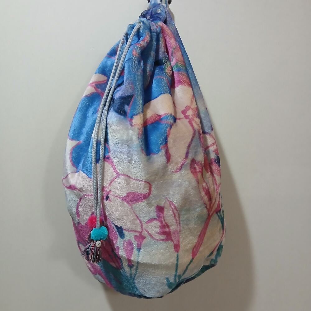 Johnny Was Drawstring Fleece Tote Bag Floral Boho Shoulder Pom Pom Tassels Boho